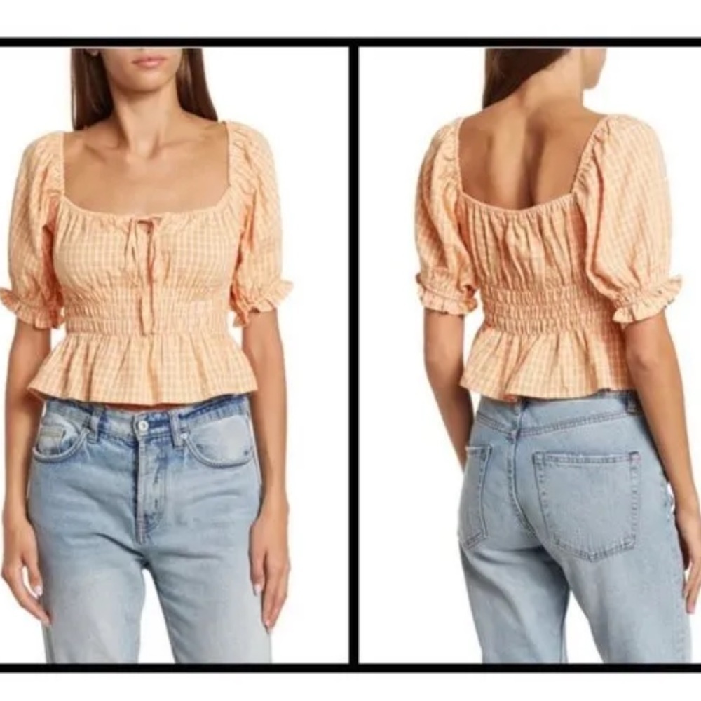 ASTR the label Smocked Babydoll Gingham Crop Top Size S Milkmaid